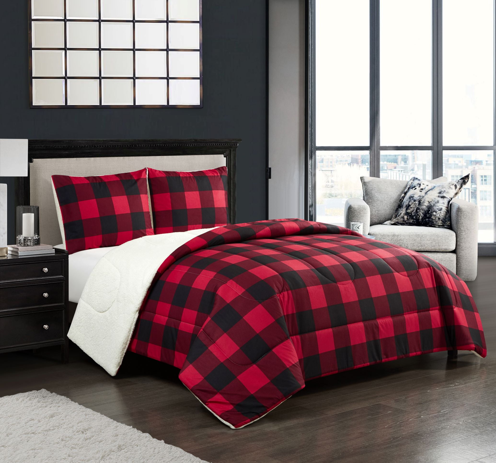 King Taupe Plaid Basics Ultra-Soft Micromink Sherpa Comforter Bed Set