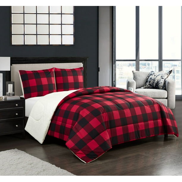 Soft Sherpa Comforter Set, Red And Black Buffalo Check Bed Set