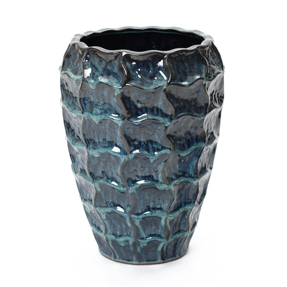 LuxenHome 14" Tall Ceramic Planter Pot for Indoor Outdoor Plants with Geometric Texture, Large Garden Plant Pots with Drainage Hole, Blue