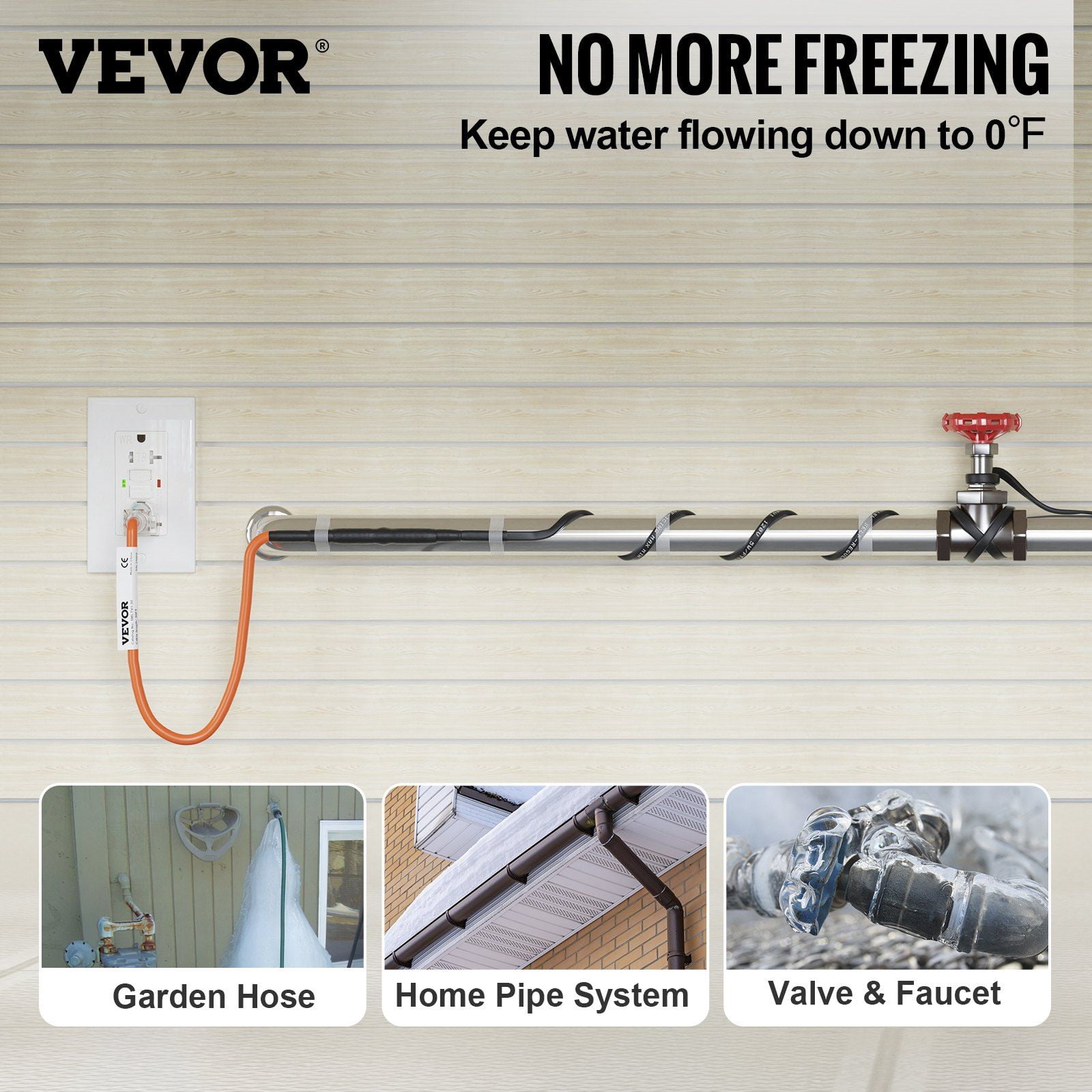 Freeze Protection Heat Tape, 60ft, Self-Regulating 5W/ft, Cuts to Length, DIY Installation for Water Pipes, Roofs, Gutters, 120V
