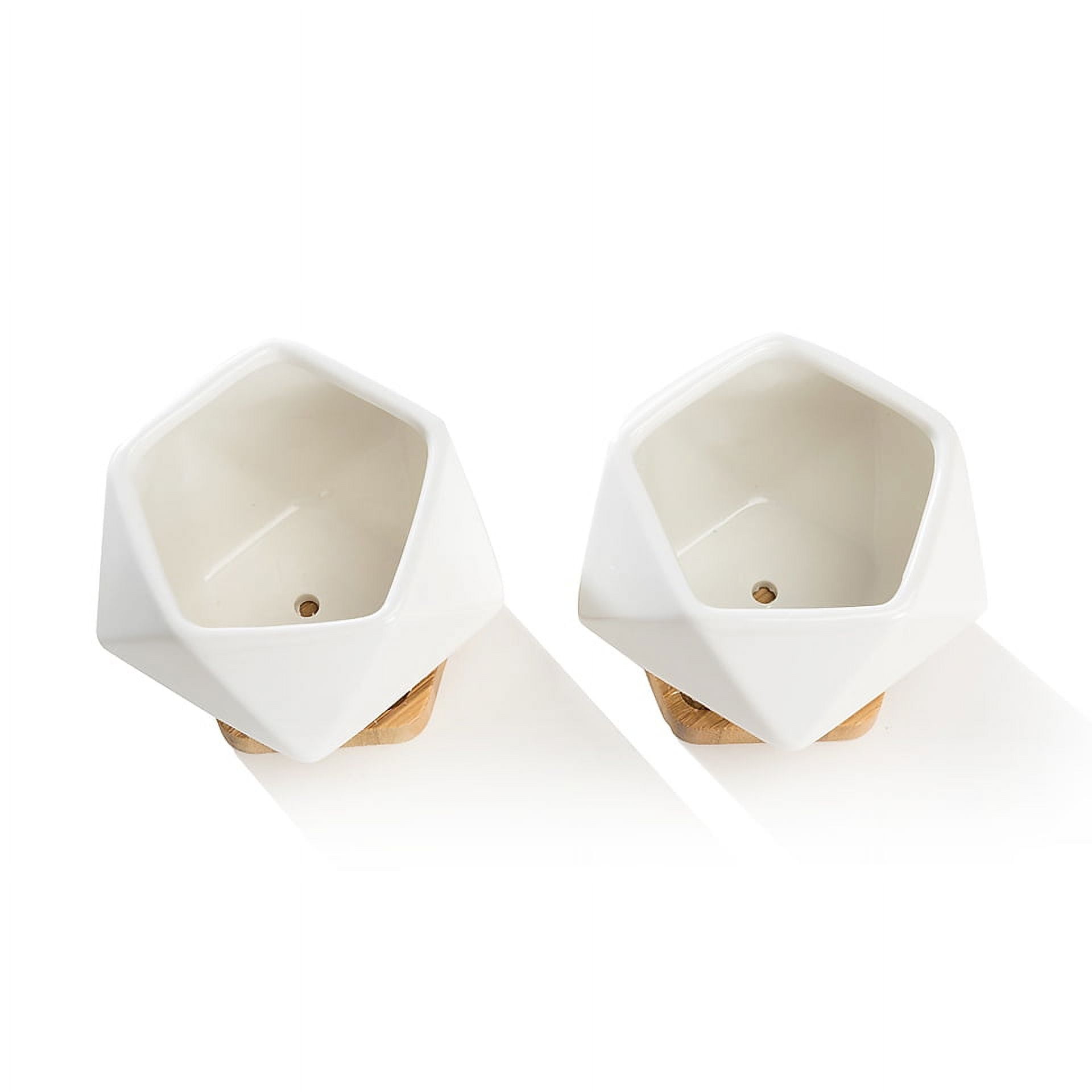 K-Cliffs White Diamond Shape Ceramic Succulent  Pots with Bamboo Trays, Set of 2 3.5L*3.5W*3H in ,Pot:3.5*3.5*2.6H in, Saucer: 2.75L x 2.75W x 0.5H