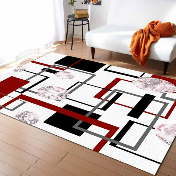 Area Rug 5'x7' Abstract Geometric Simple Red Black Lines Washable Area Rugs Non Shedding Floor Carpet Rubber Backing Non-Slip Indoor Mats for Living Room Bedroom Kitchen