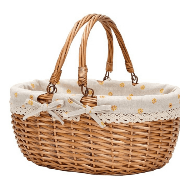 Oval Picnic Basket with Folding Handles, Willow Hand Woven Shopping Basket, Bath Toy Kids Toy Storage Gift Packing Basket, Wicker Empty Easter Eggs and Candy Small Gift Basket. Beige