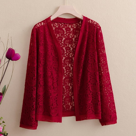 Womens Tops Women's Lightweight Lace Open Front Solid Color Casual Cardigan Autumn Beach Cover Up Wine