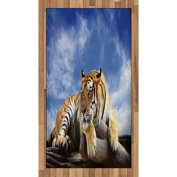 Safari Area Rug, Tiger Sitting on Wood Clear Blue Sky Wildlife Morning Stripes Predator Print, Flat Woven Accent Rug for Living Room Bedroom Dining Room, 4' X 5.7', Mustard Black, by Ambesonne
