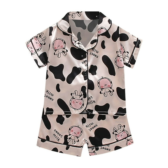 ZHOGXU Toddler Kids Baby Boys Girls Satin Button Down Short Sleeve Cartoon Printed Shirt Tops Shorts Pants Silk Pajamas Sleepwear Outfits Loungewear Set,Khaki,2-3 Years
