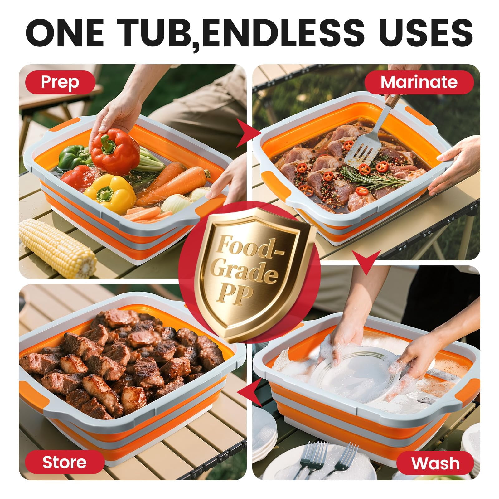 Collapsible BBQ Prep Tub 16L ,for Meal Prep, Marinating, Food Storage,Dish Basin for Kitchen,  - Includes Cutting Board Lid - Orange
