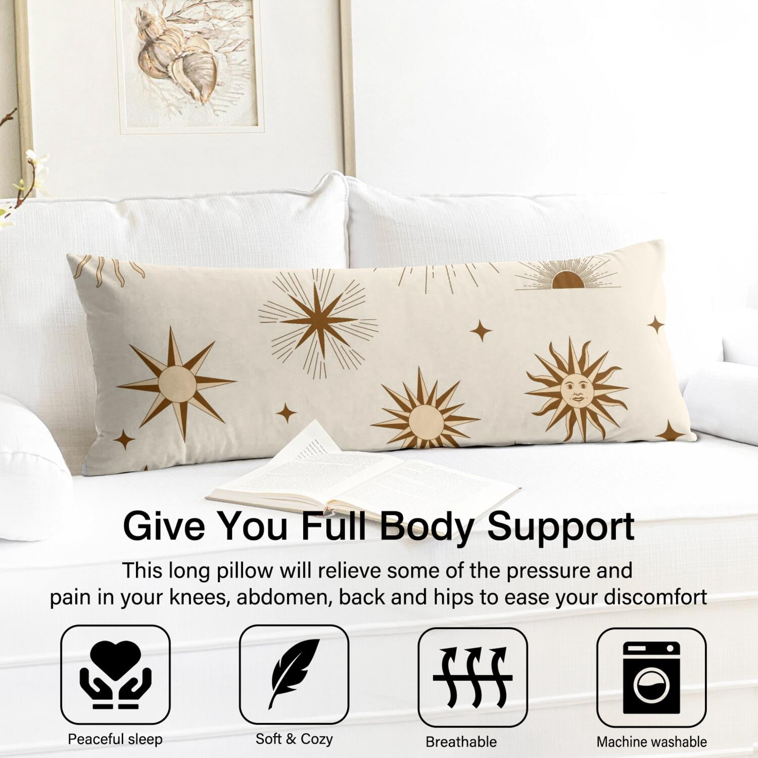Astrology Print Body Pillow Cover - Celestial Sun Moon Star Design, 20" x 54" Full-Length Support, Cozy & Breathable Pillowcase for Bed or Couch