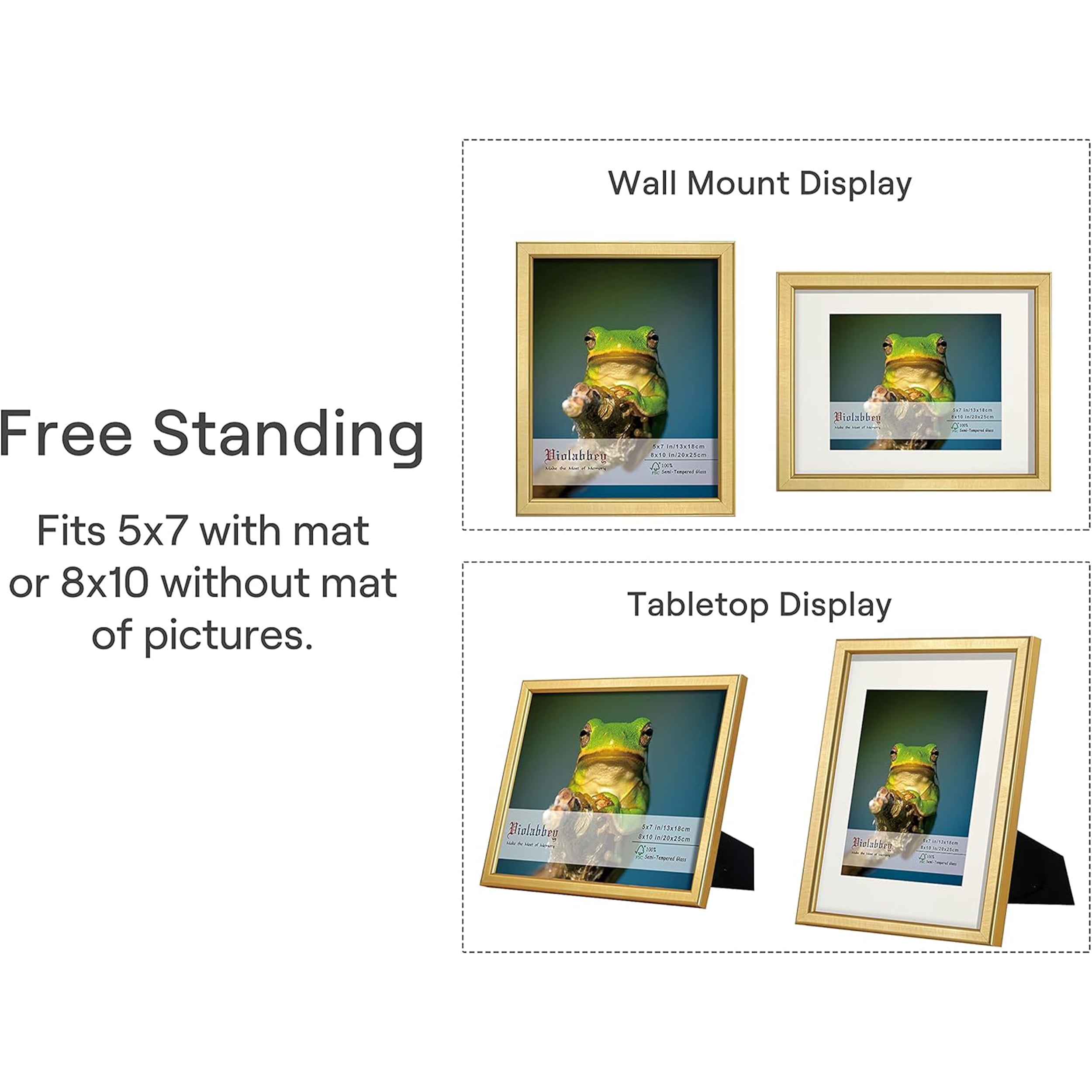 VIOLABBEY 8x10 Picture Frame Gold Set of 4, Photo frame for 5x7 Pictures with Mat or 8x10 without Mat, HD Real Glass, Vertical or Horizontal for Wall and Tabletop Display