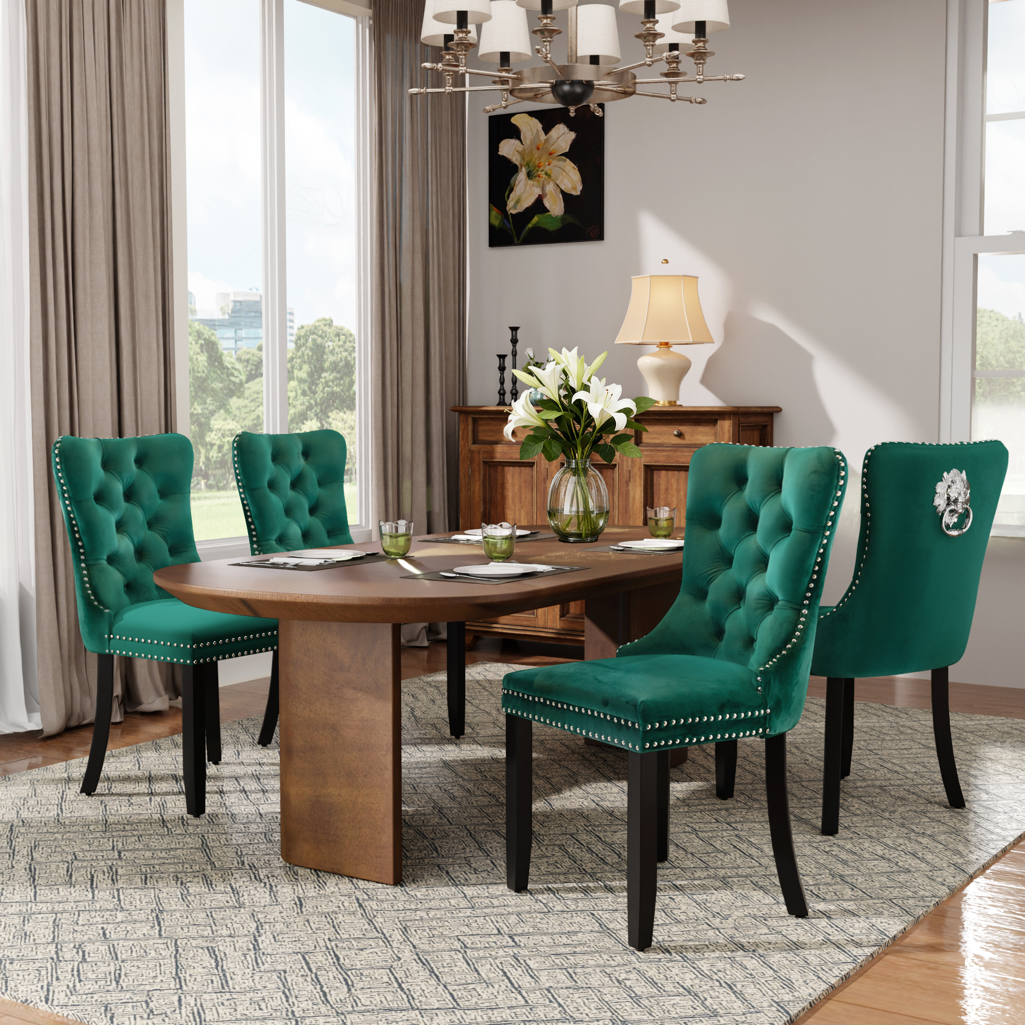 DONICK Velvet Upholstered Dining Chair Set of 6,Modern Tufted Kitchen Chairs Nailhead Lion Pull Ring Black Wood Legs(Black)