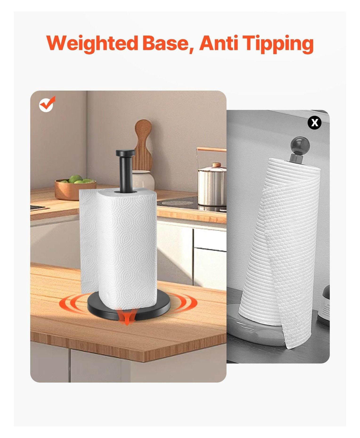 Paper Towel Holder Countertop, Stainless Steel Paper Towel Stand for Kitchen - Black, Weighted Non-Slip Base, Easy Tear, Fits Mega Rolls