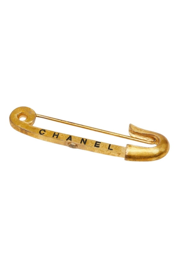 Pre-Owned Chanel Safety Pin Logo Brooch, 01A Engraving, Gold Plated, Women's CHANEL