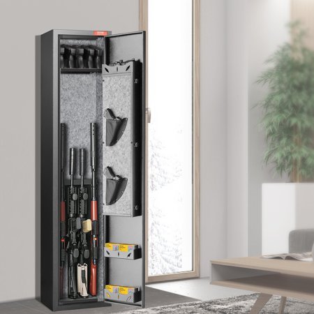 VEVOR 5-Rifle Gun Safe with Fingerprint Lock - Quick Access Storage Cabinet for Rifles Shotguns Pistols - Includes Removable Shelf Pistol Rack and Ammo Box