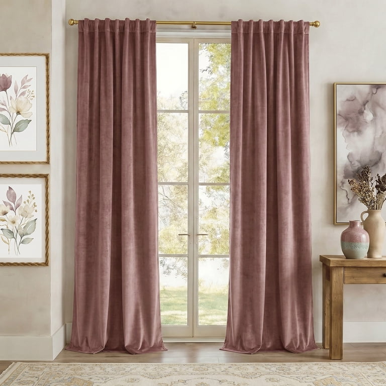 NICETOWN Room Darkening Velvet Curtains, Rose Wild, 52x95 photo 1