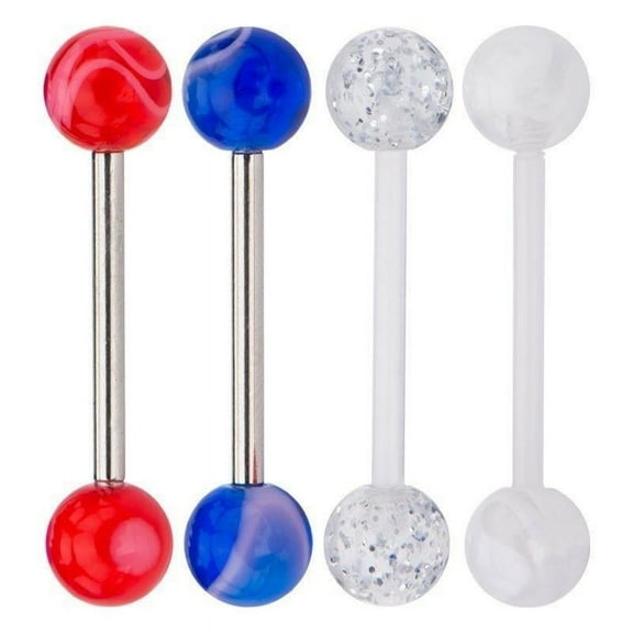4 Tongue Rings 14G 5/8" Barbell 2 Surgical Steel 2 Bioflex shaft Marble Glitter