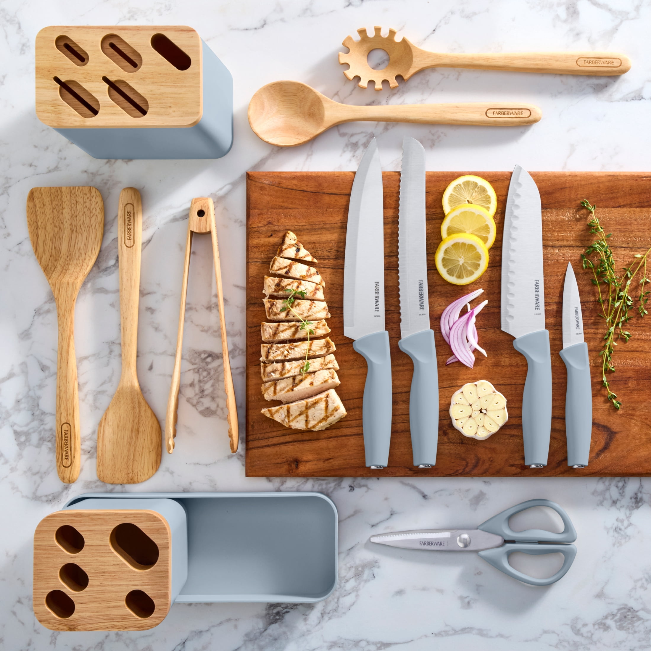 Farberware Professional Wood Kitchen Utensil and Knife Set with Counter Storage Slate, 13-Piece