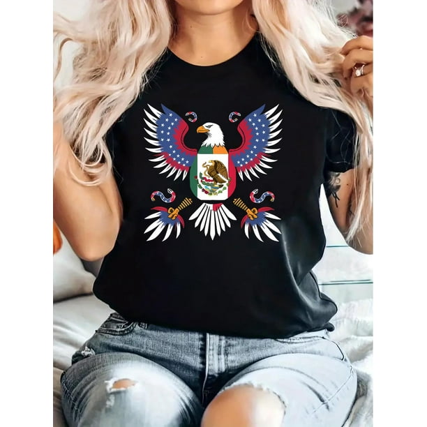 Camiseta elegante con estampado de águila y bandera para mujer