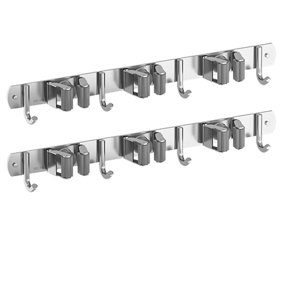 BIMZUC 304 Stainless Steel Broom & Mop Wall Mount Organizer – 3 Racks, 4 Hooks, No‑Drill Adhesive or Bolt Installation, Universal 1.8‑2.8 cm Rod Size