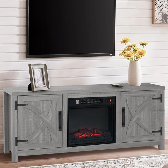Fireplace TV Stand for 65" TVs, 58" Farmhouse Entertainment Center Console Table with 18" Electric Fireplace, TV Stands for Living Room with 2 Hidden Storage Cabinets for Bedroom, Grey