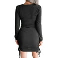 thumbnail image 4 of Liacowi Women Rib Knitted Drawstring Bodycon Mini Dress Fall Casual Slim Fit Long Sleeve Crew Neck Pleated Dress, 4 of 5