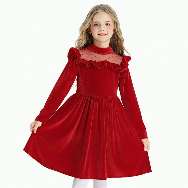 Zanarzt Robe Décontractée pour Filles à Manches Longues Jupe pour Filles à Volants Robe à Manches Longues Princesse Noël Fête Spectacle Robe pour Enfants Filles en Maille Rouge,11-12 Ans