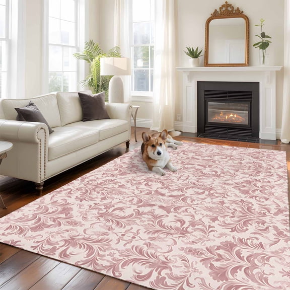 5'x8' Area Rugs, Pink Baroque Indoor Outdoor Area Rug for Living Room Bedroom, Farmhouse Scroll Floral Damask Patterned Washable Bathroom Rugs Kitchen Floor Carpet Mats Home Decor Aesthetic