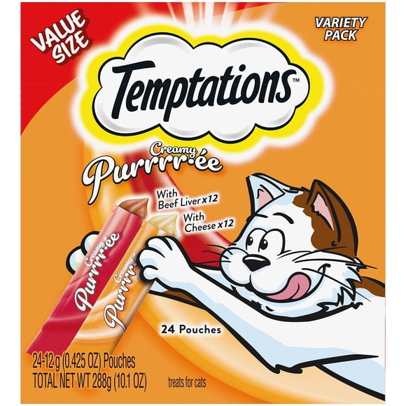 Puré cremoso de hígado de res y queso Cat Treats Temptations, 24 x 12 ml