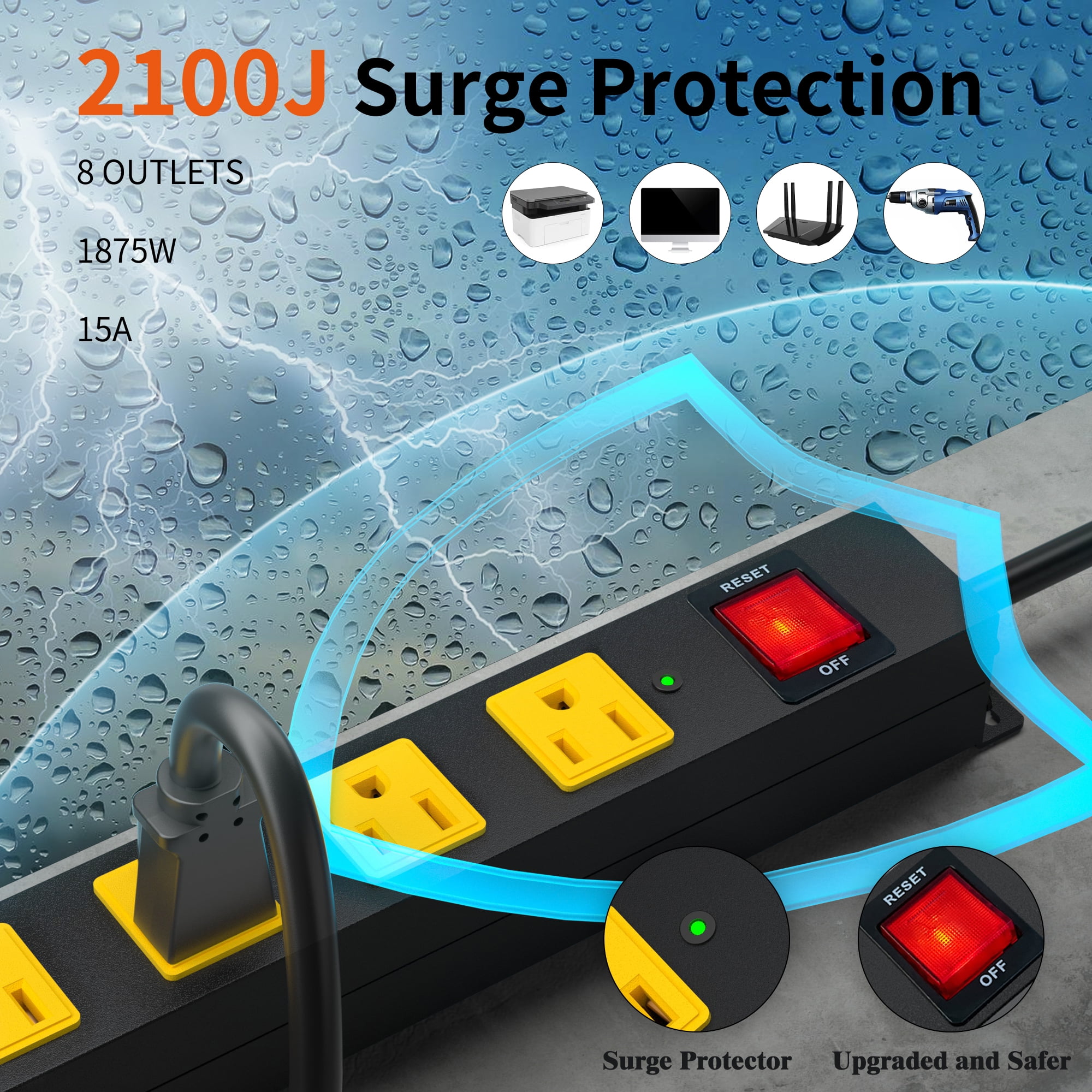 2 Pack 8 Outlet Long Power Strip, 2100J Surge Protector Heavy Duty 6FT Cord Wide Spaced and Wall Mount Metal Power strip for Home Office Garage Workshop