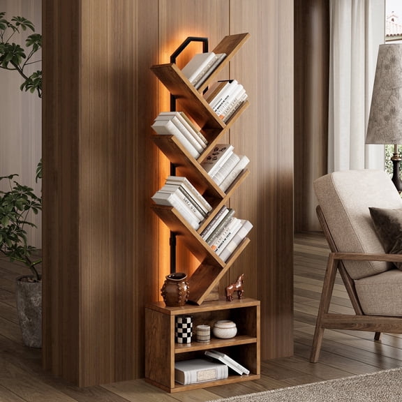 Casacomoda 6 Tier Tall Tree Bookshelf with LED Lights, Bookcase with Double Storage Cabinet, Narrow Corner Display Shelf, Floor Standing Organizer for Living Room, Bedroom, Home Office, Vintage