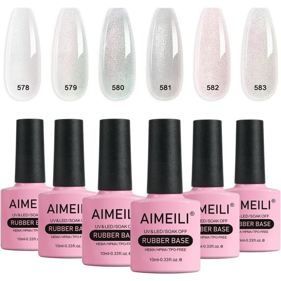 AIMEILI 5 in 1 Rubber Base Gel Set For Nails, Sheer Pink Nude Color Gel Nail Polish UV LED Soak Off, Elastic Nail Strengthener Long Lasting 6pcs X 10ml - Gift Kit 52