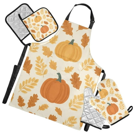 Thanksgiving Maple Leaves Pumpkins Autumn Apron Set with Oven Mitts Pot Holders Set of 5 Kitchen Stuff Accessories