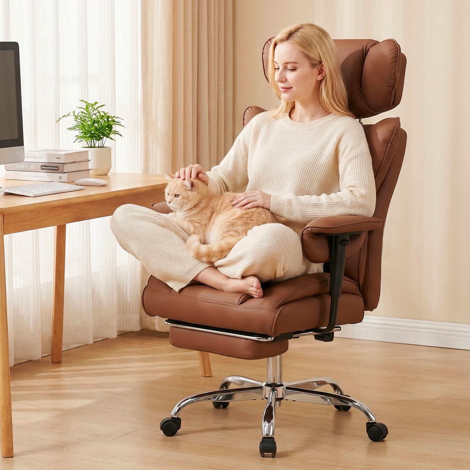 CONCETTA Ergonomic Office Chair 400LBS for Big & Tall, Heavy Duty Desk Chair with Reclining Back, Footrest, Luxurious PU Leather, Brown