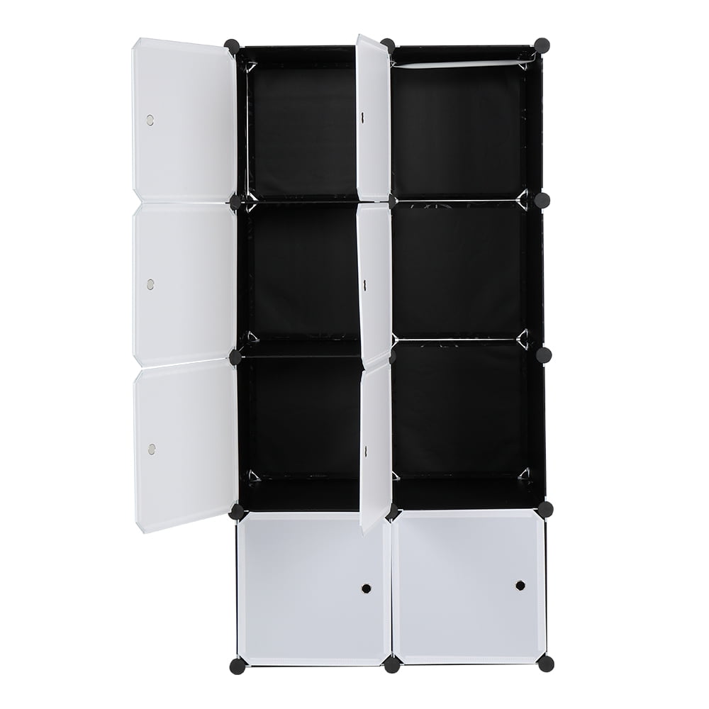 8 Cube Organizer Stackable Plastic Cube Storage Shelves Modular Closet Cabinet with Hanging Rod White Doors and Black Panels