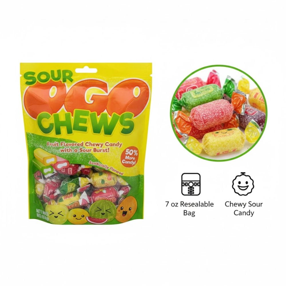 Ogo Sour Chews Fruit Flavored Chewy Candy, Individually Wrapped Sour Burst Center Candy (7 oz Bag)