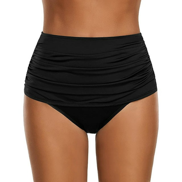 Riforla Swimsuit Bottoms for Women Plus Size High Rise Ruched Solid Color Bikini Briefs for Swim Bathing Suit Bottoms Black S