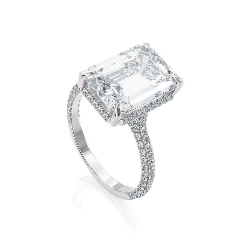 HeartsAndYou 2.5ct Emerald Moissanite Solitaire Engagement Ring for Women 18k White Gold over Silver Hidden Halo