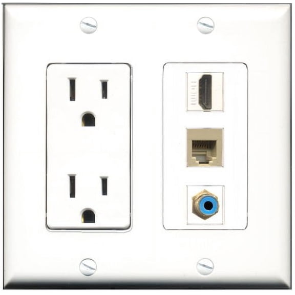 RiteAV - 15 Amp Power Outlet 1 Port HDMI 1 Port RCA Blue 1 Port Phone Beige Decorative Wall Plate