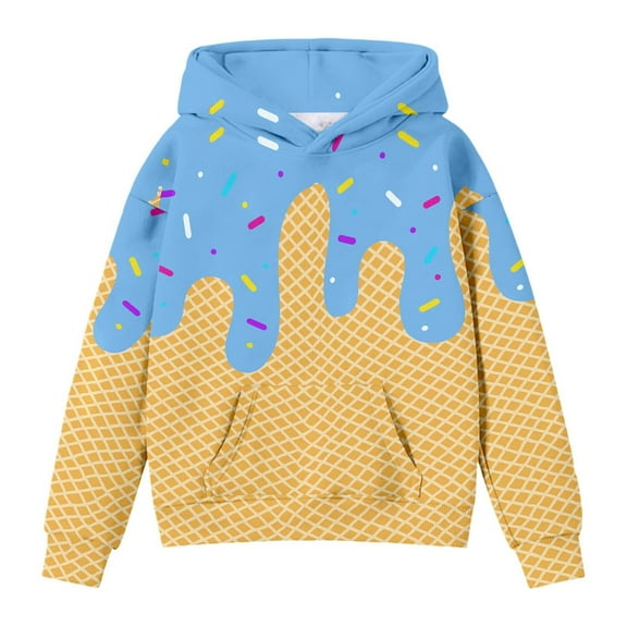 VINUSLI Junior Girls Hoodies Ice Cream Drip Fleece Cute Pullover Oversized Hoodies Fall Ccasual Long Sleeve Sweatshirt with Pocket Blue,4 Years
