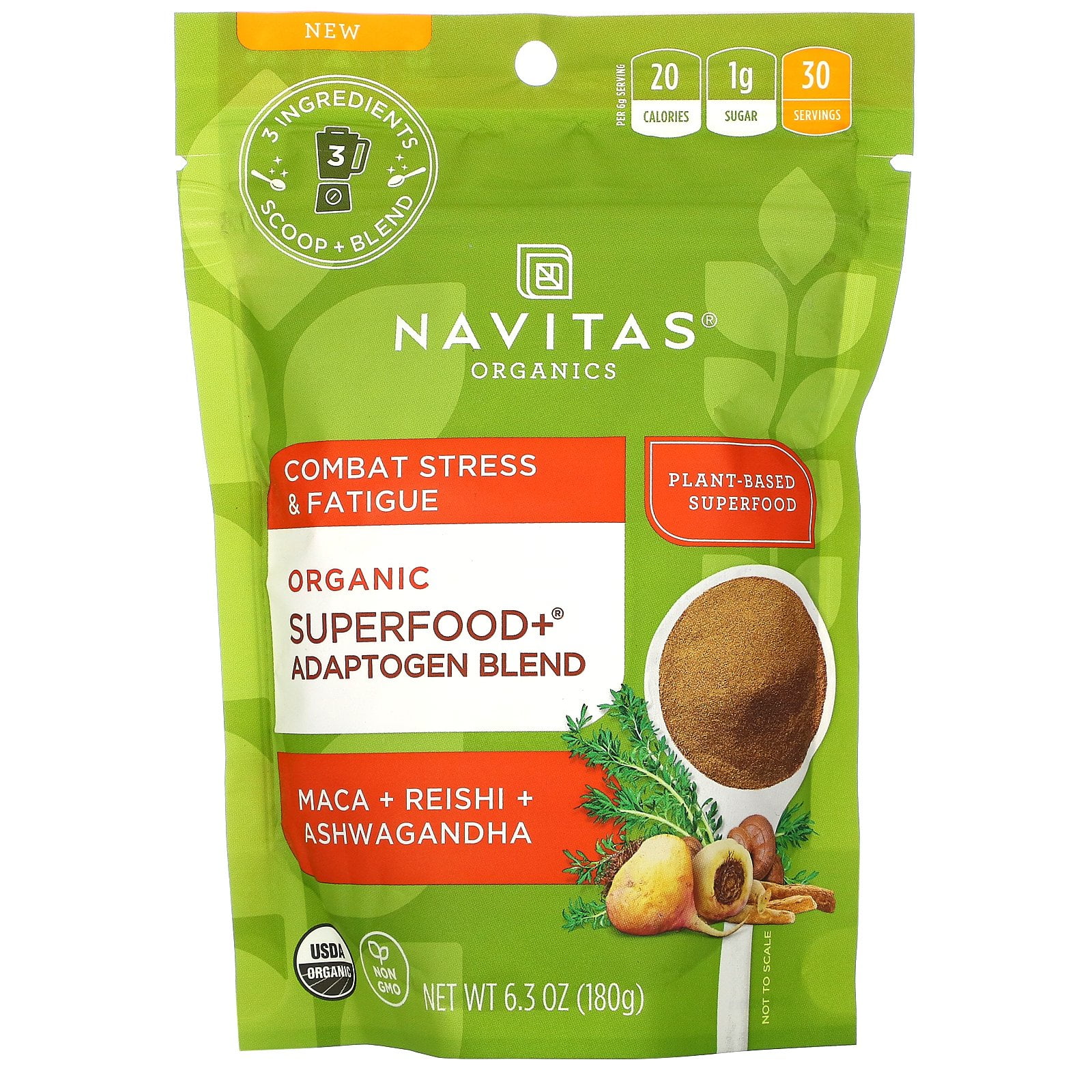 Organic Superfood+ Adaptogen Blend, Maca + Reishi + Ashwagandha, 6.3 oz (180 g), Navitas