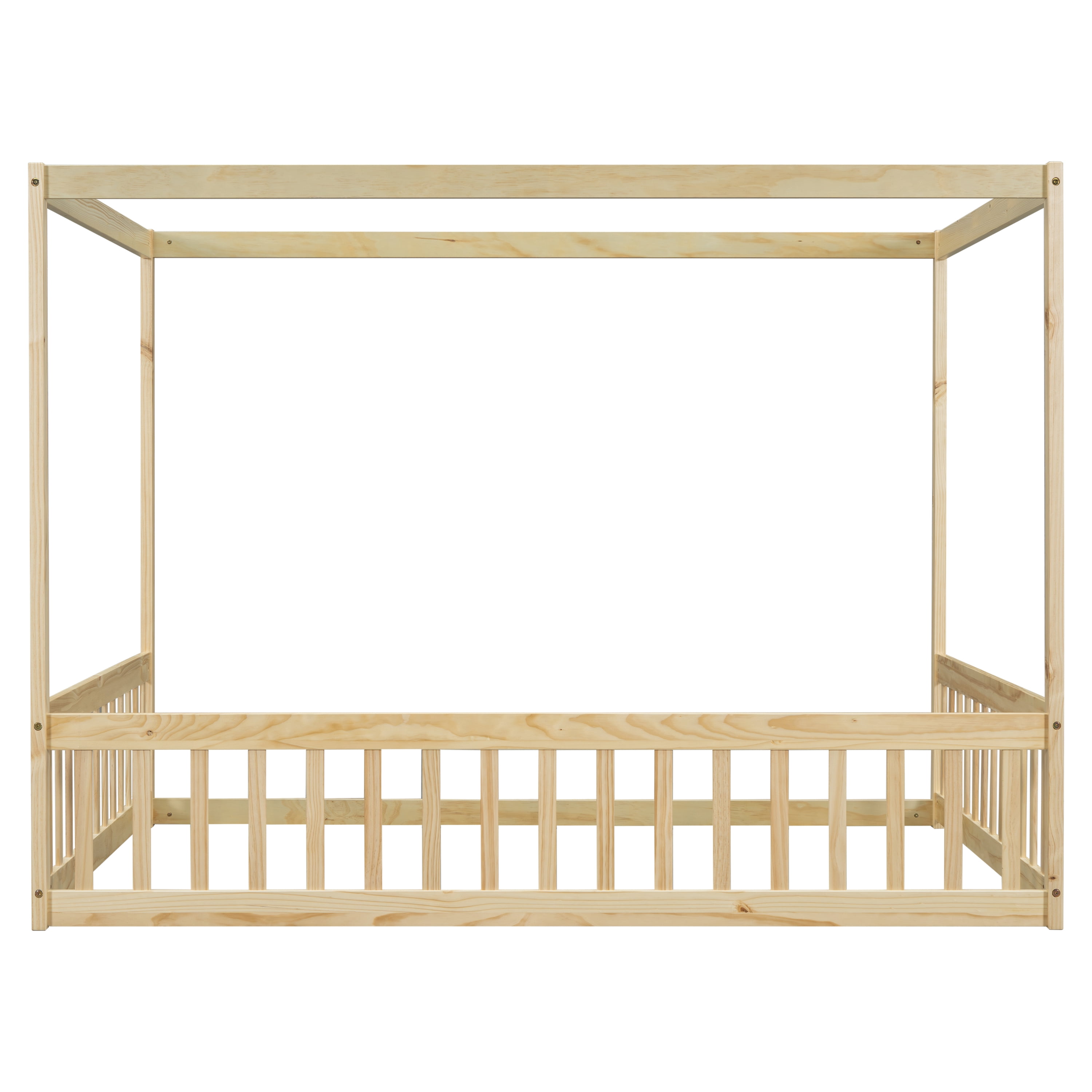 Miniyam Full Size Canopy FloorBed with Guardrails for Kids and Teens, Natural