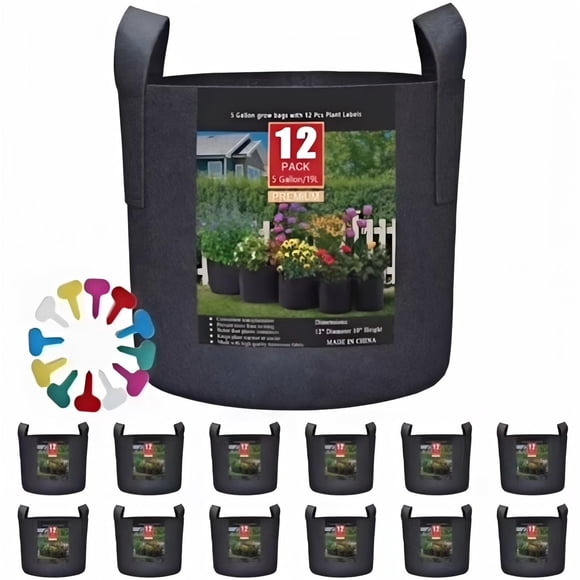 Kidsjoy 5 Gallon Round Grow Bags 12-Pack, Heavy Duty Nonwoven Fabric Aeration Pots with Handles for Flower ,Tomato & Vegetable, Black