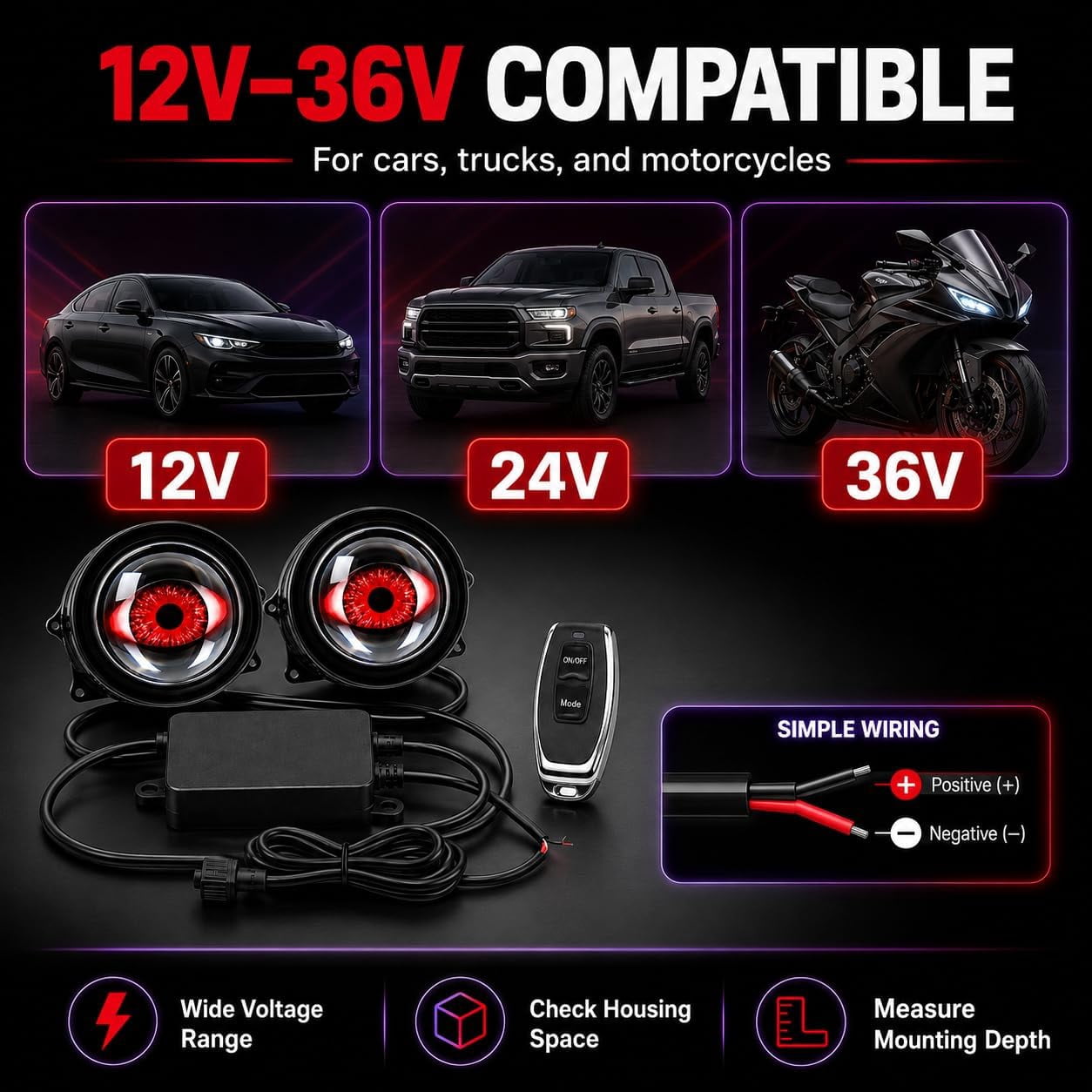 Ghost Lens Headlights, Demon Eye Headlights, 2pcs 33 Modes, Remote Synchronization, Demon Eyes LED Headlight Kit for Car, SUV, Motorcycle