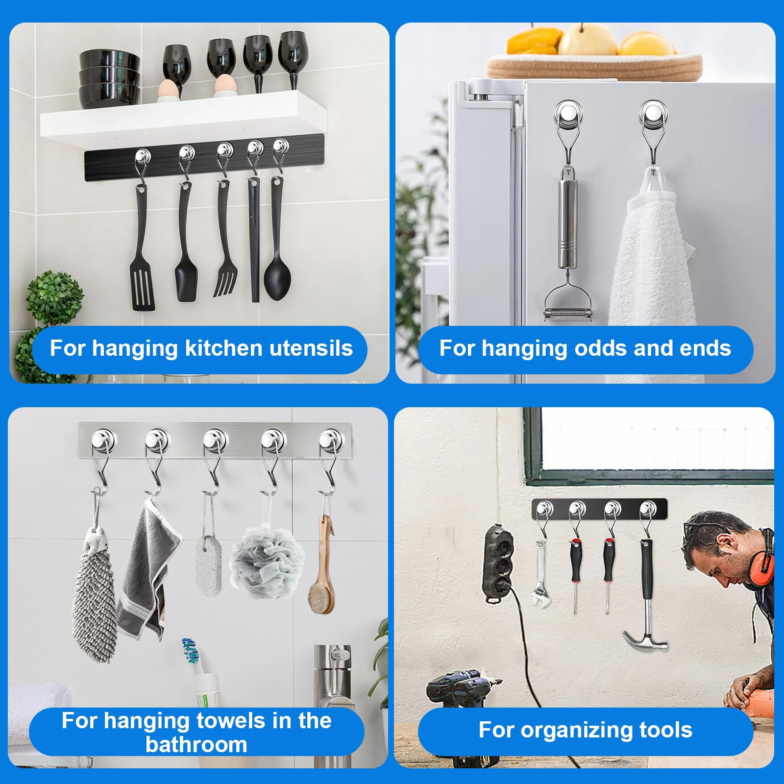 80LB Upgraded Swivel Magnetic Hooks, 2.66In Neodymium Magnets for Refrigerator, Strong Holding for Vertical & Horizontal Surfaces (Silver, 8PC)