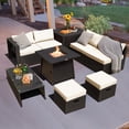 thumbnail image 1 of Costway 9PCS Patio Rattan Furniture Set Fire Pit Space-saving W/Cover Off White Cushion, 1 of 9