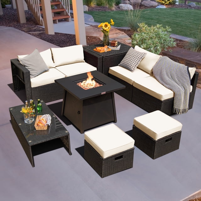 Costway 9PCS Patio Rattan Furniture Set Fire Pit Space-saving W/Cover Off White Cushion