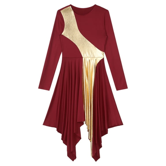 Raenseen Women's Long Sleeve Asymmetrical Praise Dance Metallic Gold Color Block Church Worship Burgundy S