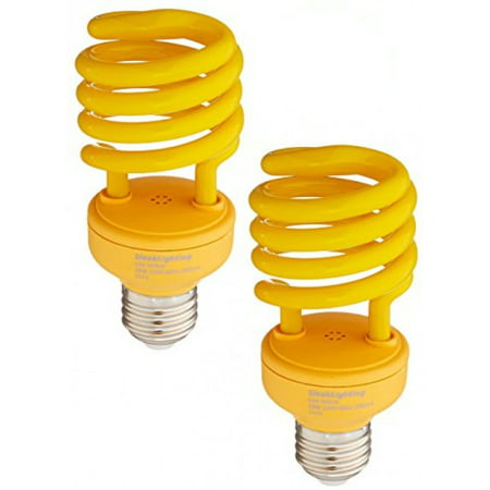 SleekLighting 23 Watt T2 YELLOW Bug Light Spiral CFL Light Bulb, 120V, E26 Medium Base-Energy Saver (Pack of