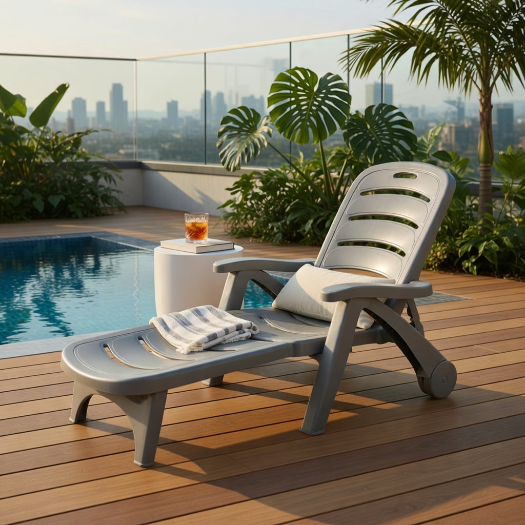 Hommoo 5-Position Adjustable Outdoor Folding Chaise Lounge Chair, Heavy-Duty PP Patio Lounger with Dual Wheels, Gray