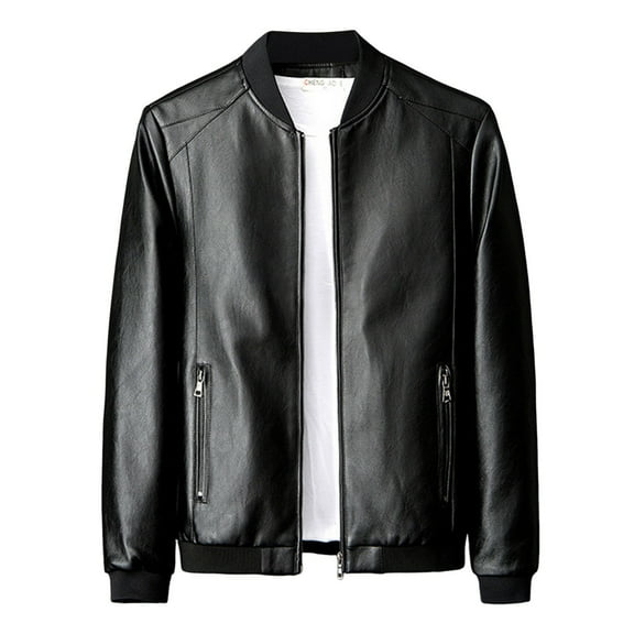 Kureaily Men's Stand Collar Leather Jacket Lightweight Leather Outwear