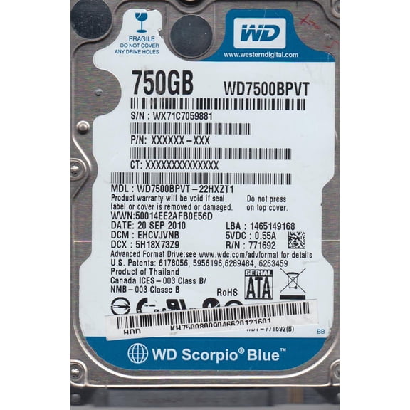 WD7500BPVT-22HXZT1, DCM EHCVJVNB, Western Digital 750GB SATA 2.5 Hard Drive